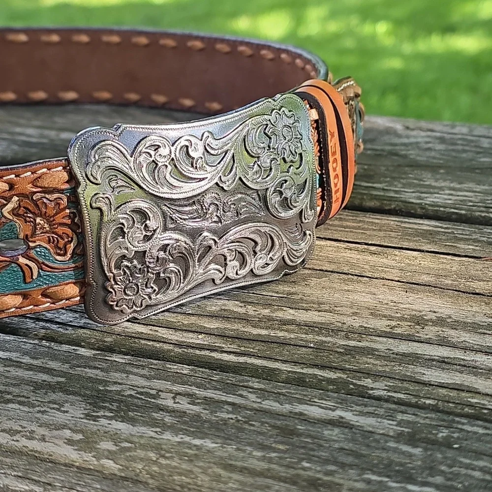 Hooey Sonoma Tooled Leather Silver Buckle Women's Size L Tourquise Tan Stitched